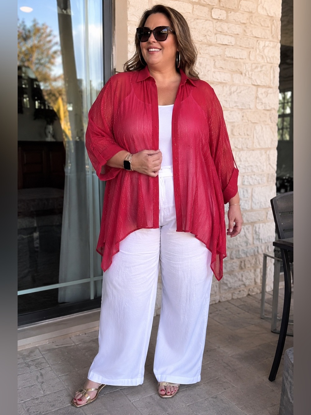 0X Red Sheer Sparkle‎ Pleated Sharkbite Button Front Blouse Cover Up 14/16W